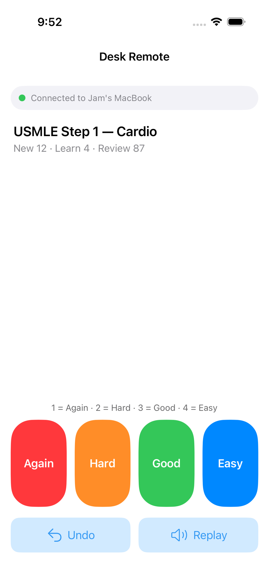 Guru hands-free review using the phone as a wireless remote with large Again, Hard, Good, Easy buttons