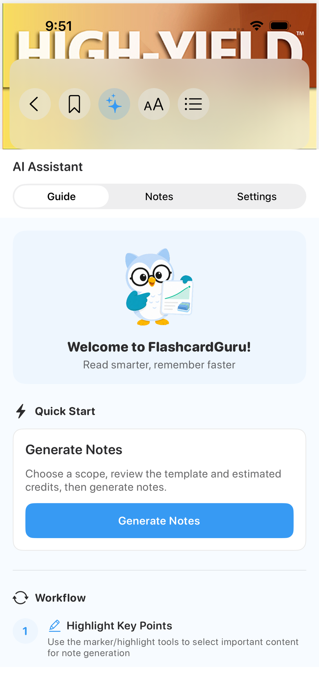 AI card generation panel inside the Guru reader