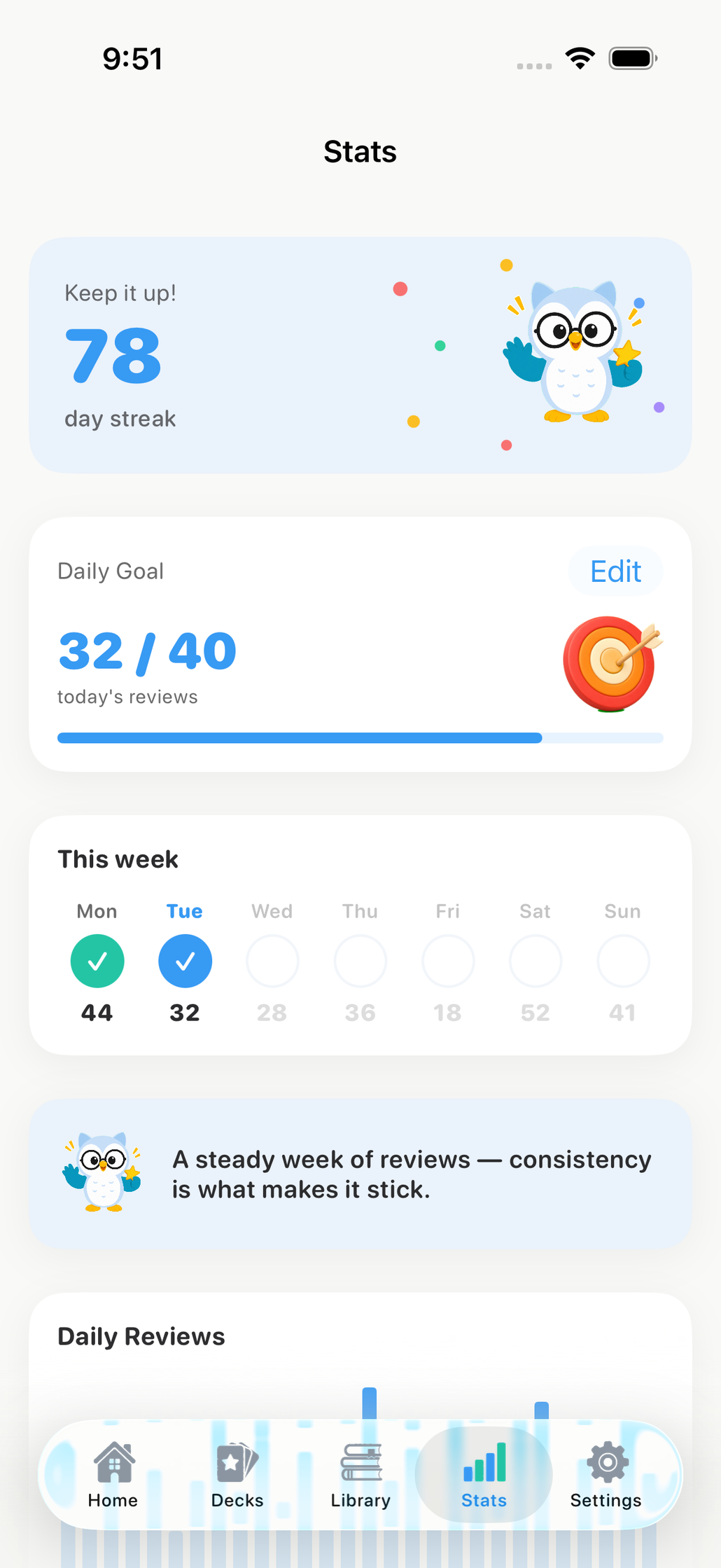 Guru stats dashboard showing a day streak, daily goal progress, and this week's reviews