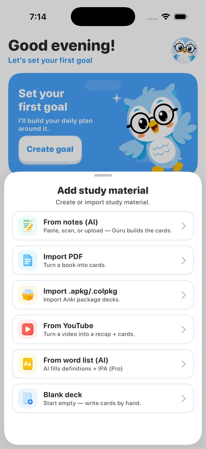 Add study material menu on iPhone with the Import .apkg/.colpkg option