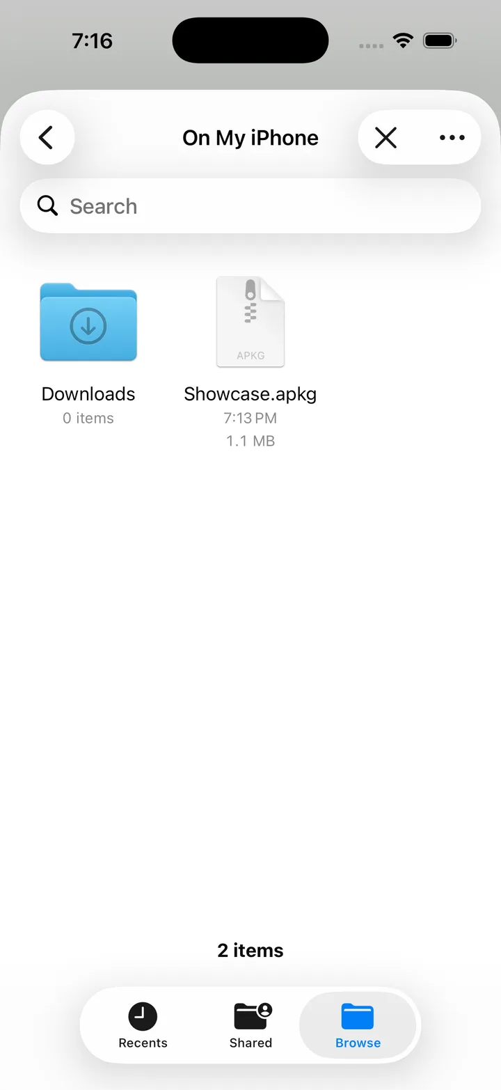 Choosing the .apkg file from On My iPhone in the Files picker
