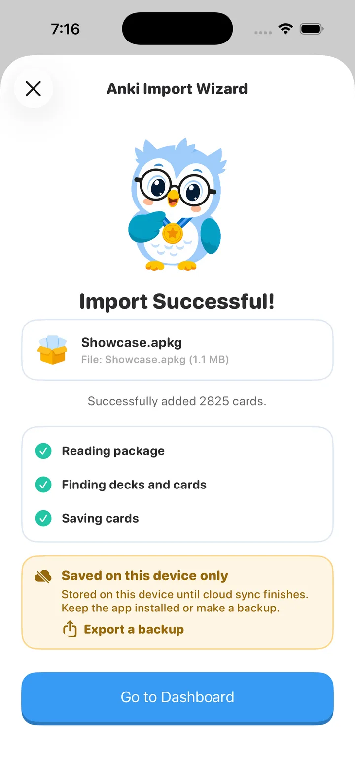 Anki .apkg import finished on iPhone — 2,825 cards added with scheduling intact