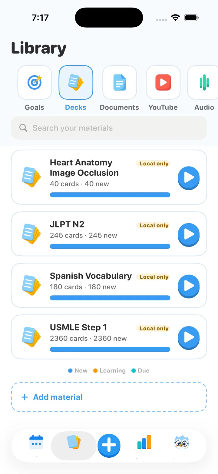 GuruOwl library on iPhone with imported Anki decks — JLPT, USMLE, Spanish and image occlusion